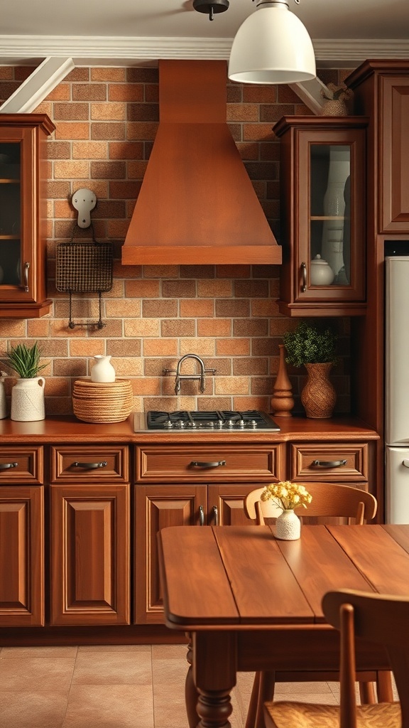 A kitchen featuring brown cabinets and earthy terracotta tile backsplash.