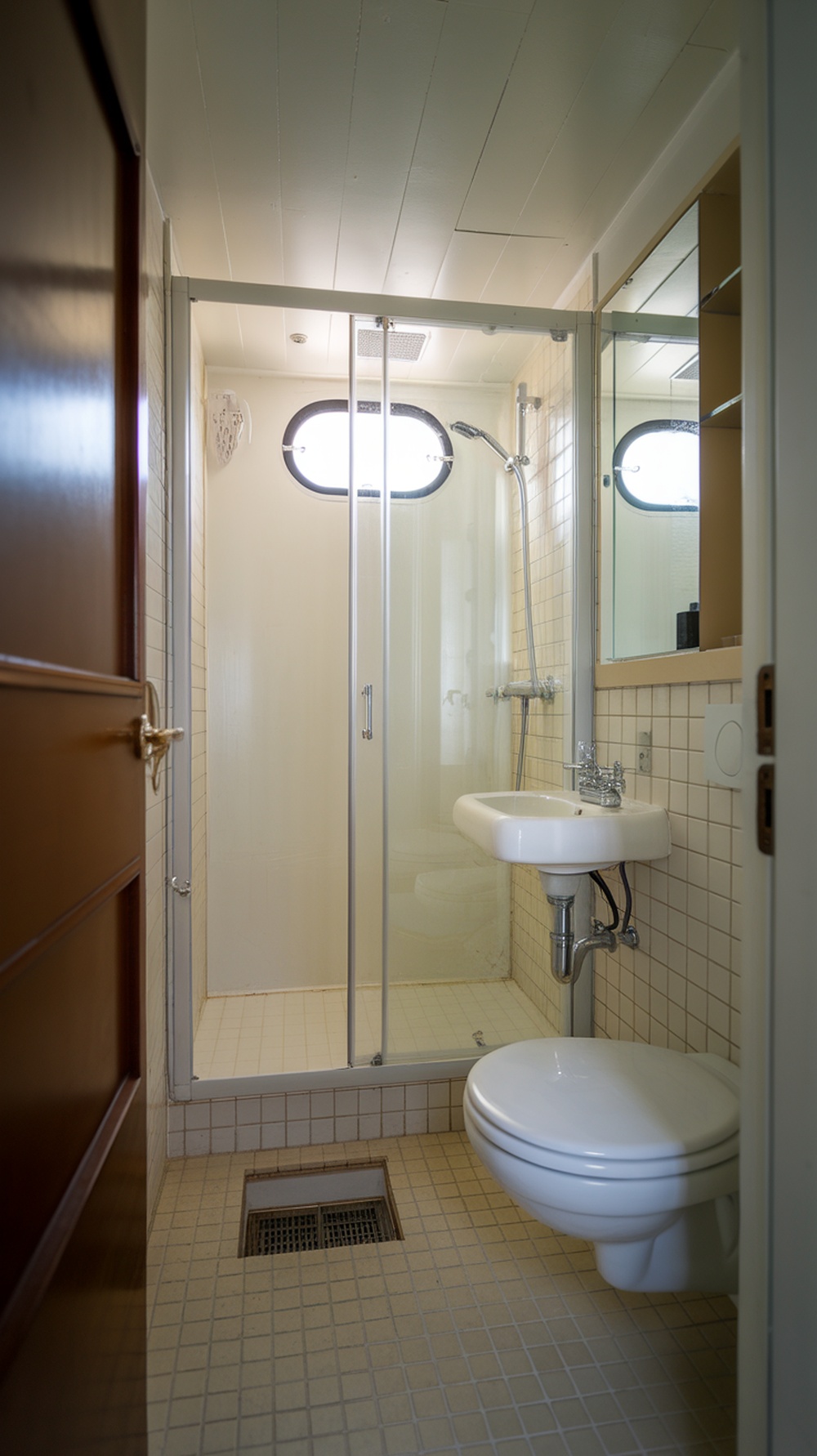 Small cottage bathroom with a shower, sink, and round window