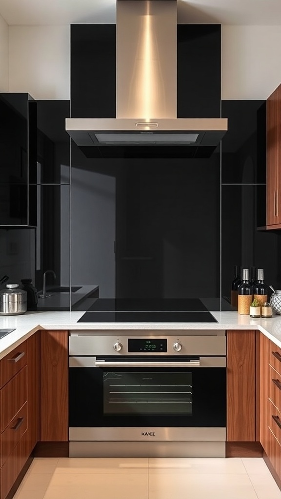 A modern kitchen featuring glossy black glass panels as a backsplash behind brown cabinets and a stainless steel oven.