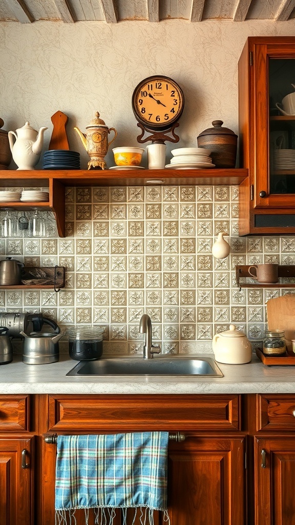 A kitchen with brown cabinets and vintage tin panel backsplash, showcasing a cozy and stylish design.