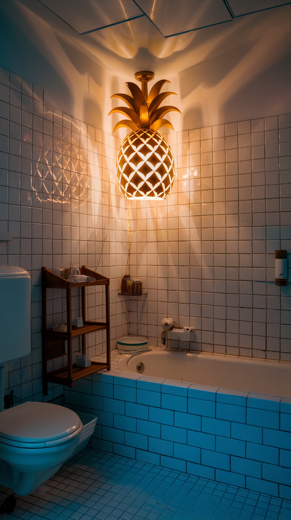 A small cottage bathroom featuring a pineapple-shaped light fixture casting warm shadows on tiled walls.