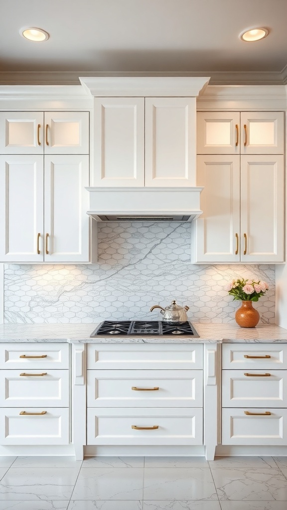 A kitchen with white cabinets and a marble mosaic backsplash featuring hexagonal patterns.