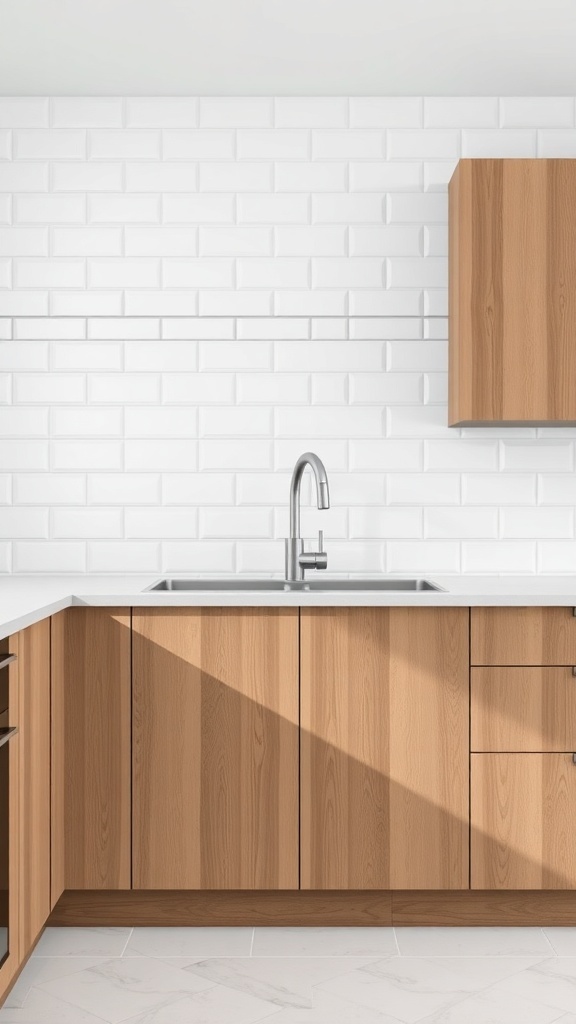 Kitchen with white tiles and subtle grey grout, featuring brown cabinets.