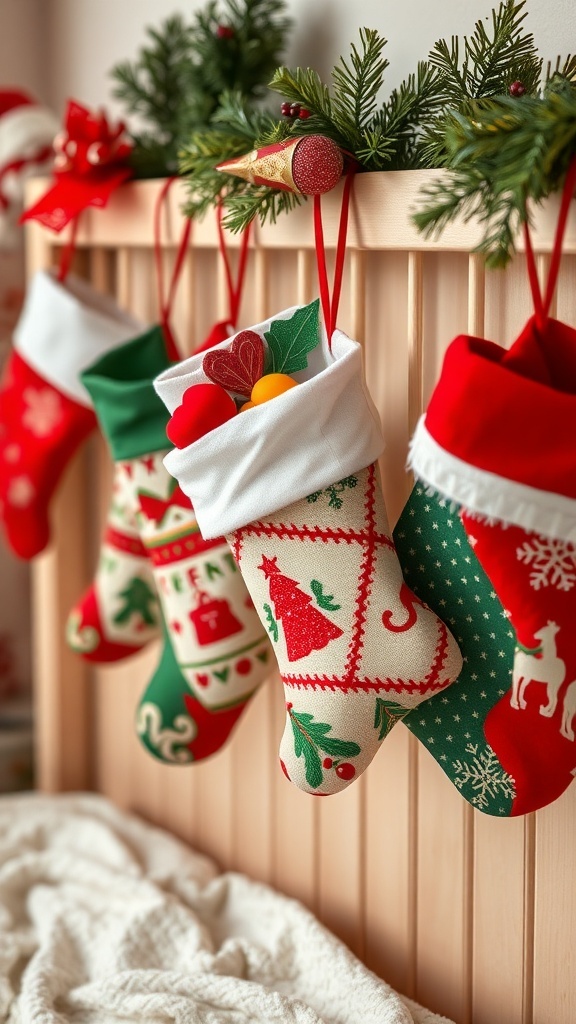 Colorful Christmas stockings hung on a wooden railing with greenery above.