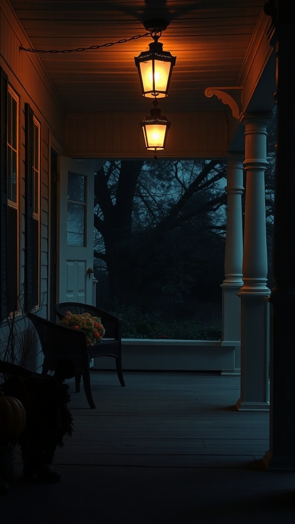 A porch with warm lights and a spooky atmosphere, perfect for Halloween decorations.