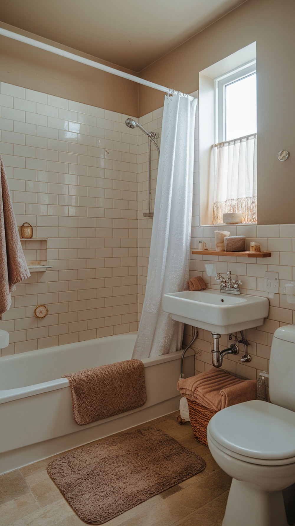 Cozy cottage bathroom with warm textiles including bath mats and towels.