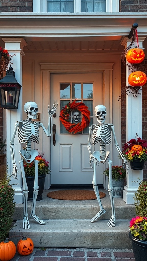Two skeletons waving at the porch, surrounded by pumpkins and flowers, with a skull wreath on the door.