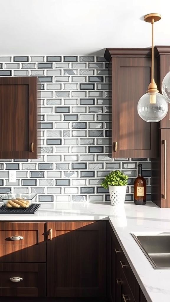 A kitchen featuring brown cabinets with a glass brick backsplash in shades of gray.