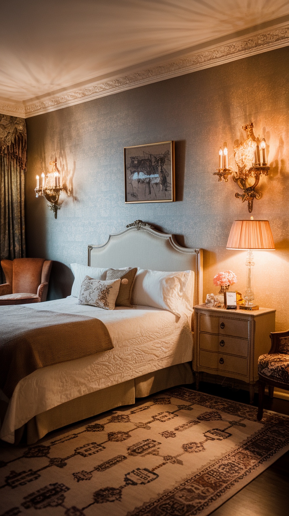 A vintage guest bedroom featuring elegant lighting fixtures, including wall sconces and a bedside lamp, creating a warm atmosphere.