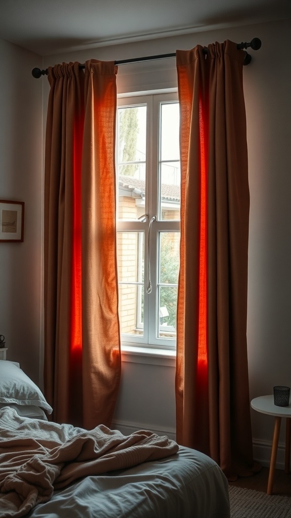 Cozy bedroom with warm-toned curtains framing a window, creating a comfortable atmosphere.