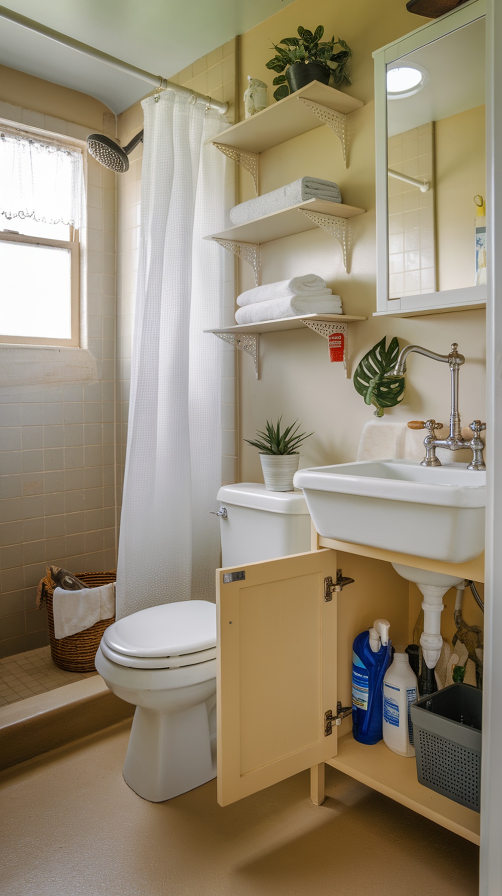 A small cottage bathroom with open shelves, towels, a plant, and under-sink storage.
