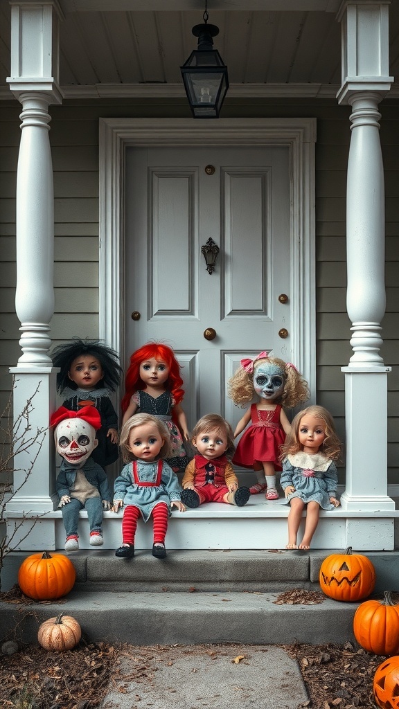 A creepy doll display on a porch with various dolls and pumpkins.