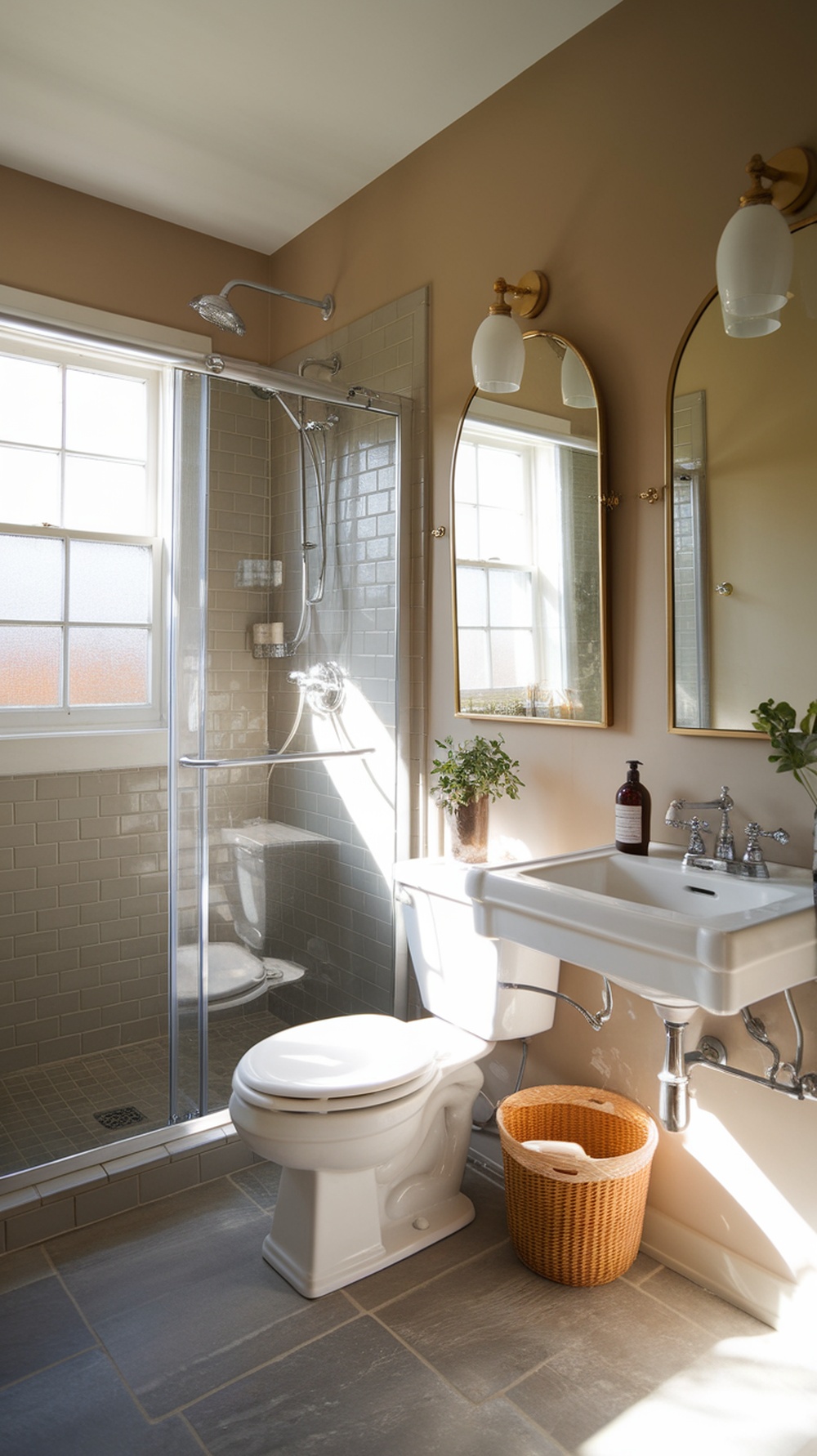 A small cottage bathroom featuring elegant mirrors that reflect light, enhancing the space.