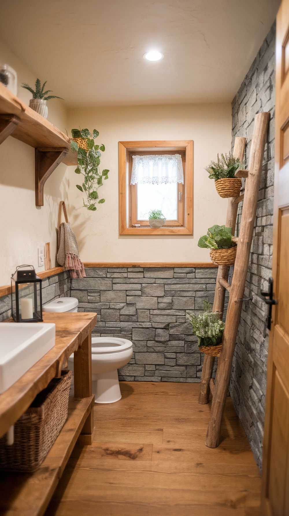 Cozy cottage bathroom with stone wall, wooden accents, and plants