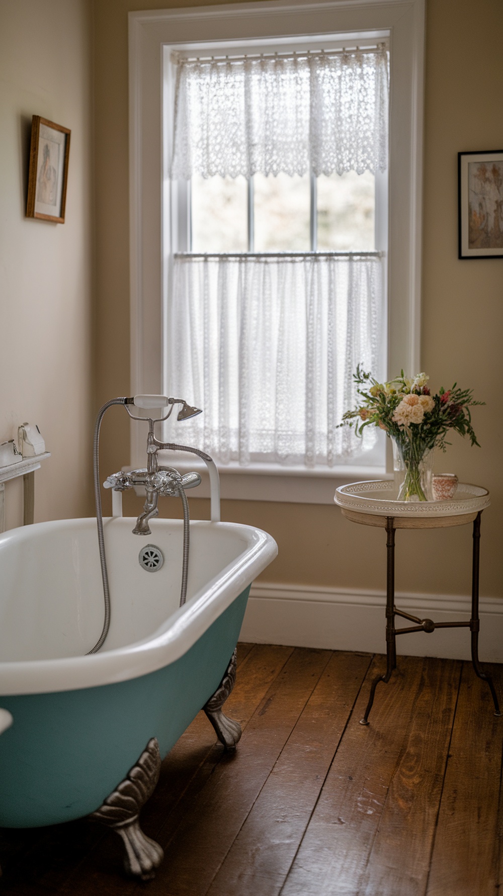 A cozy small cottage bathroom featuring a clawfoot bathtub, vintage fixtures, and lace curtains.