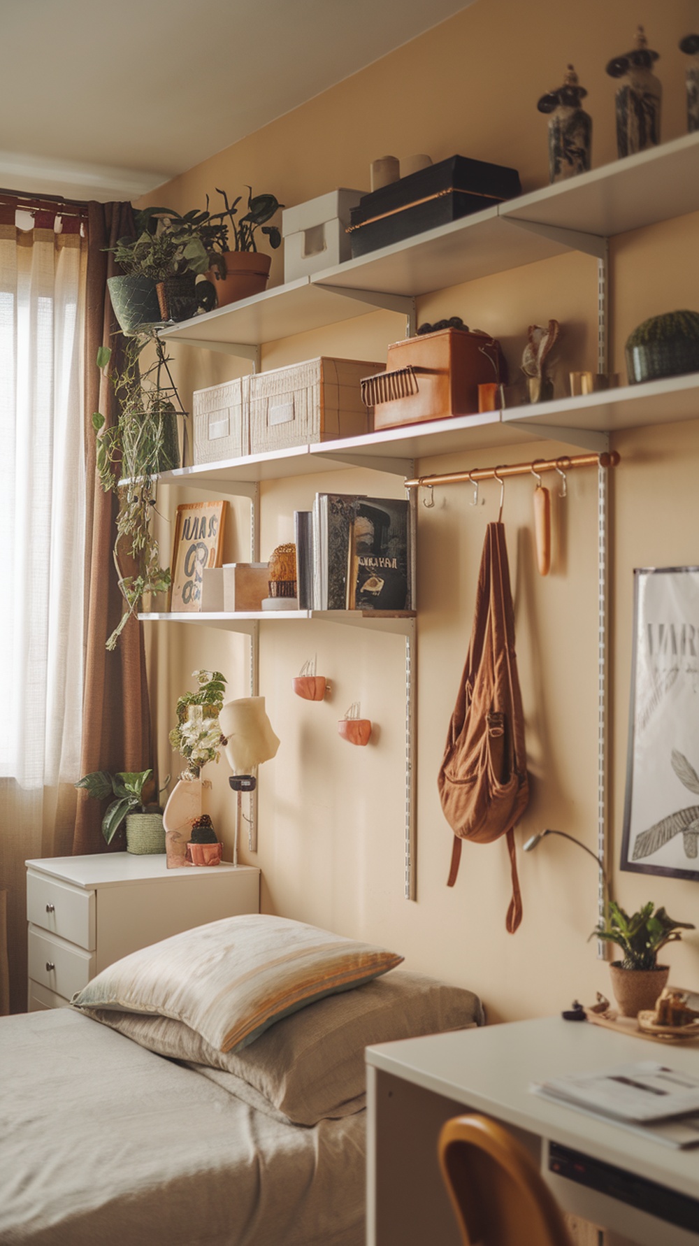 A cozy small bedroom with vertical shelves holding plants, books, and decorative boxes.