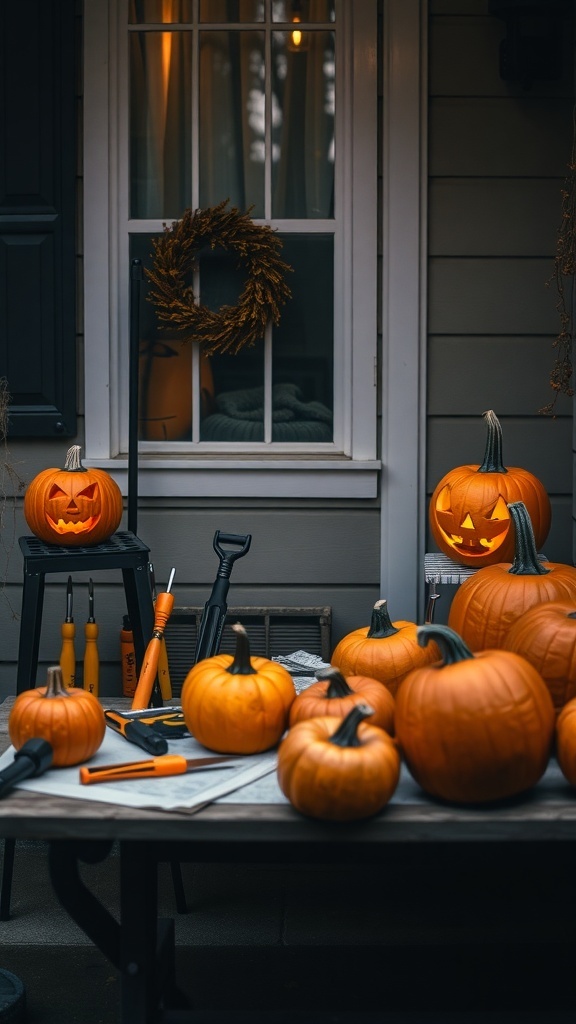 A cozy pumpkin carving station on a porch with various pumpkins and carving tools.