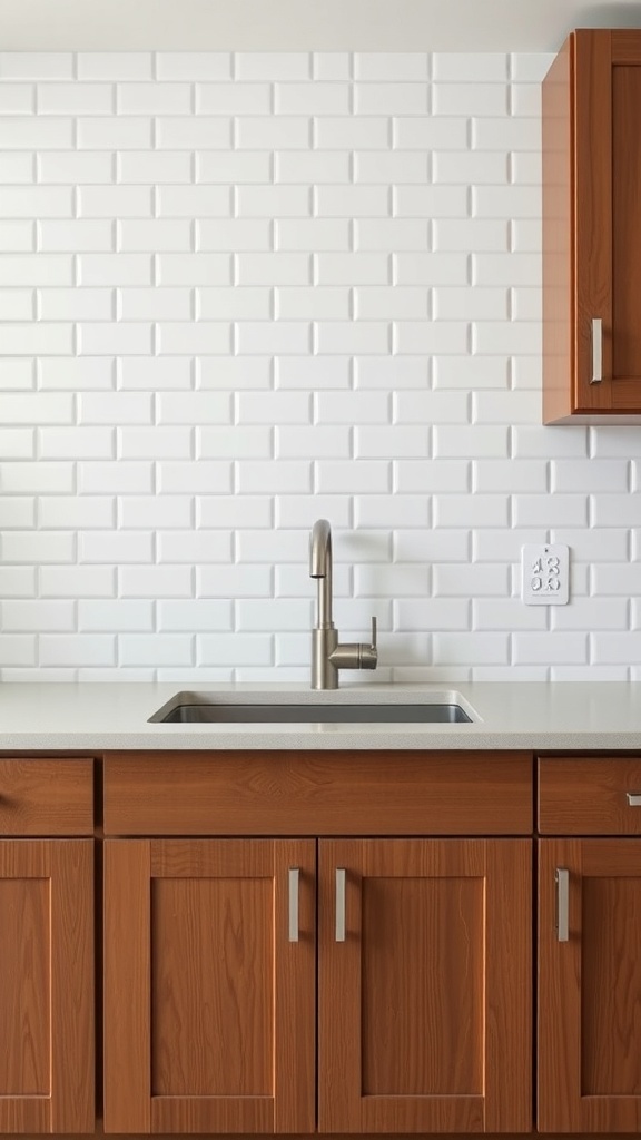 A kitchen with brown cabinets and a classic white subway tile backsplash.