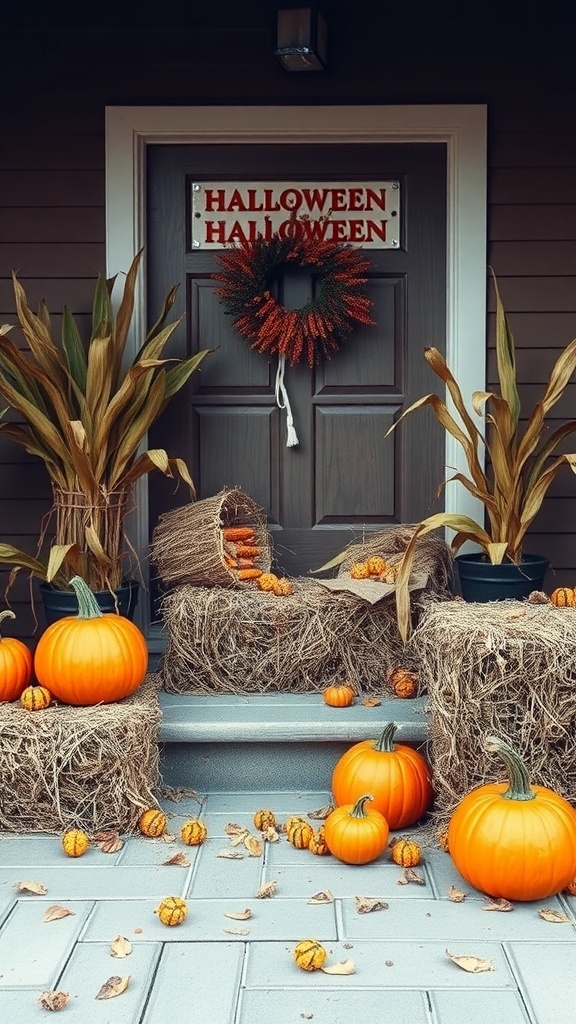 A Halloween porch decorated with hay bales, pumpkins, and corn stalks.