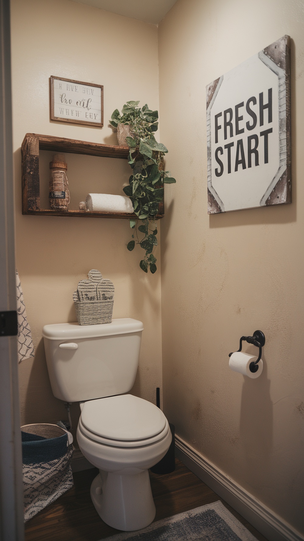 Cozy cottage bathroom with wooden shelf, plants, and decorative signs.