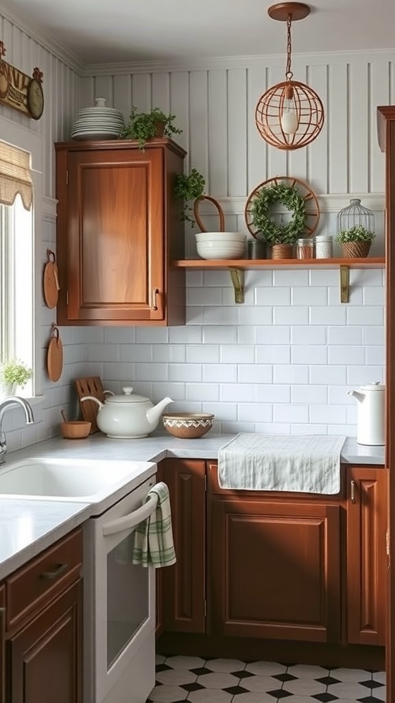 A cozy kitchen featuring soft blue beadboard walls and rich brown cabinets.