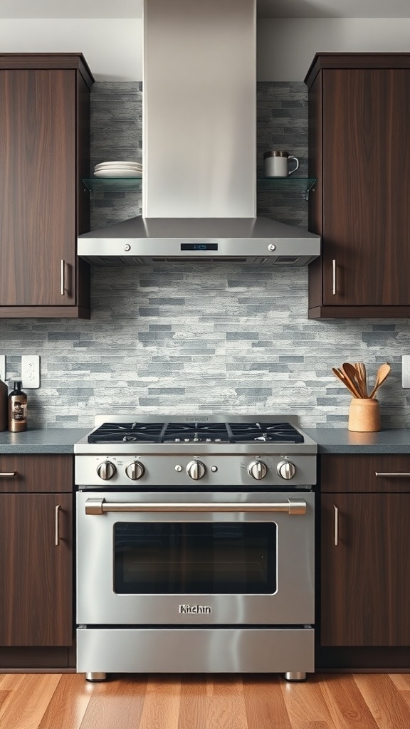 A kitchen featuring brown cabinets and a textured gray slate backsplash, with a stainless steel stove and modern appliances.