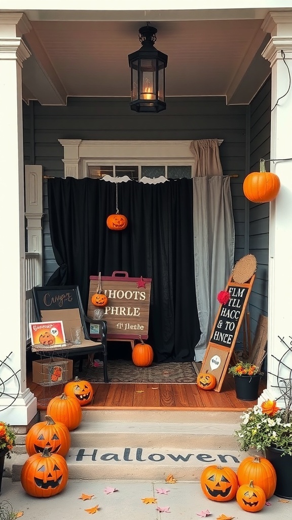 Halloween photo booth setup with pumpkins and a black curtain on a porch