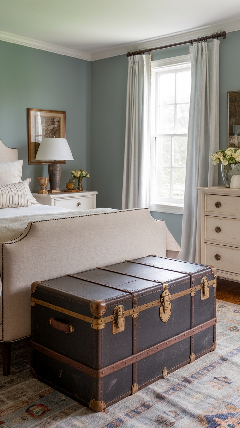 A vintage travel trunk at the foot of a bed in a cozy guest bedroom