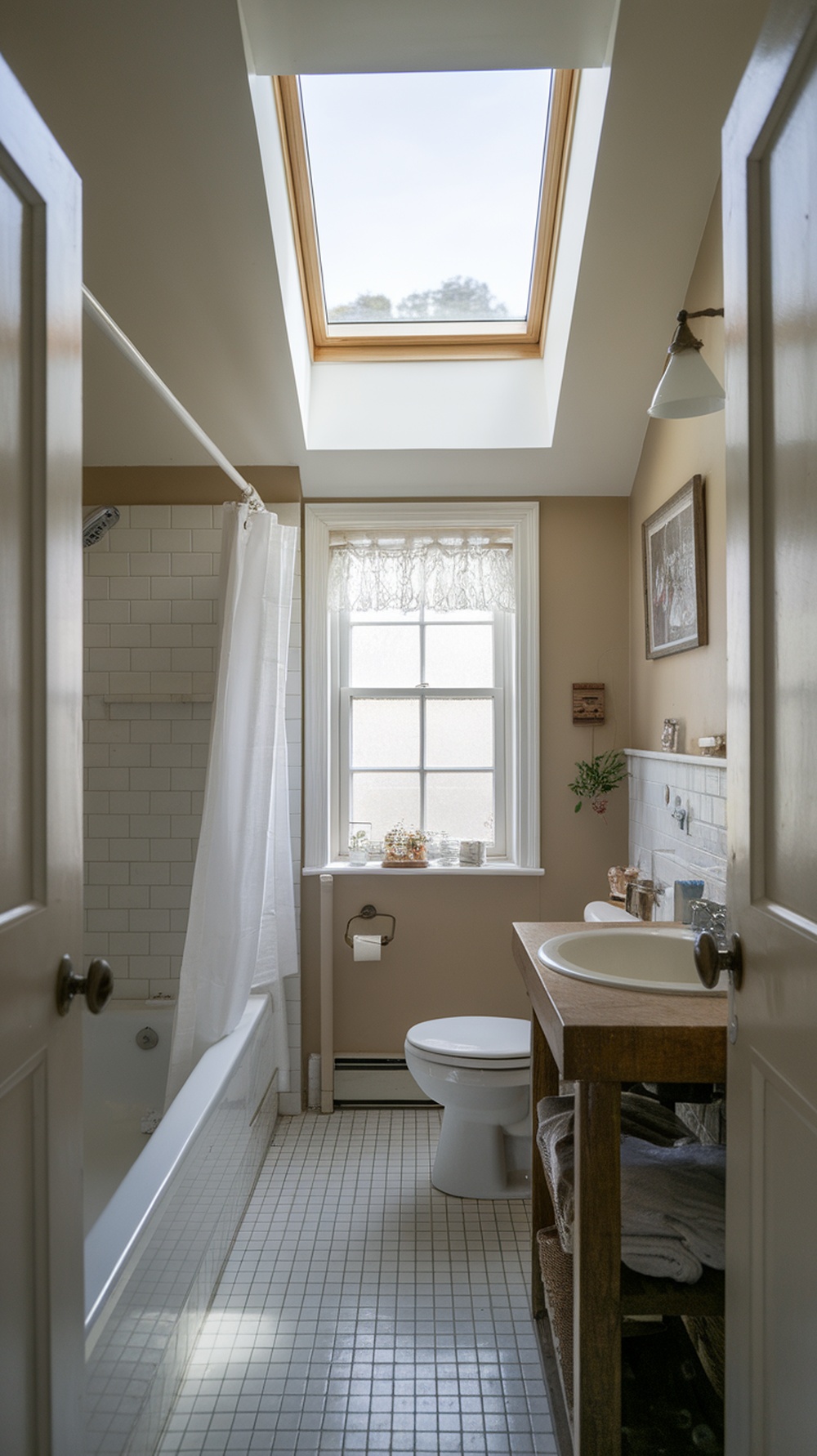 A small cottage bathroom with a skylight and natural light, featuring a bathtub, window, and wooden accents.