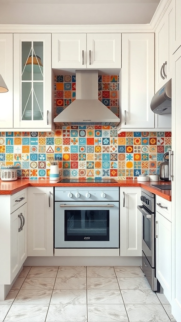 A kitchen with colorful ceramic tiles as a backsplash behind white cabinets.