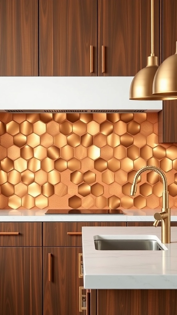 Kitchen with brown cabinets and a metallic copper hexagonal backsplash