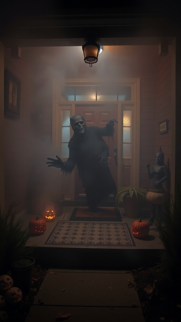 A spooky Halloween porch with fog, a skeleton figure, carved pumpkins, and eerie lighting.