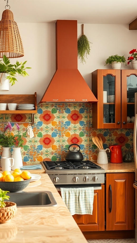 A kitchen with brown cabinets and a colorful hand-painted tile backsplash featuring floral designs.