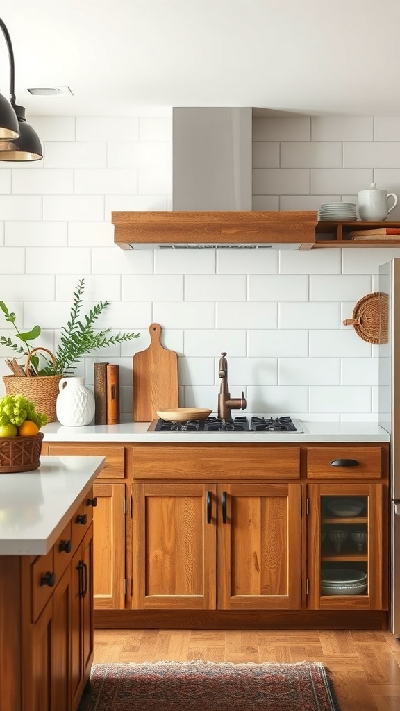 Light gray shiplap backsplash in a kitchen with brown cabinets
