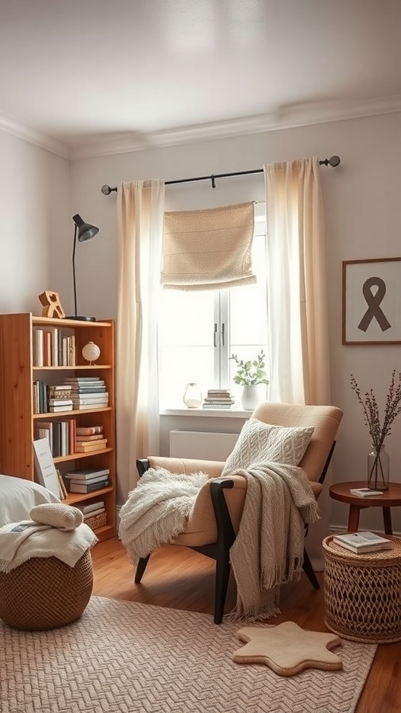 A cozy reading nook featuring a comfortable chair, bookshelves, and warm decor.