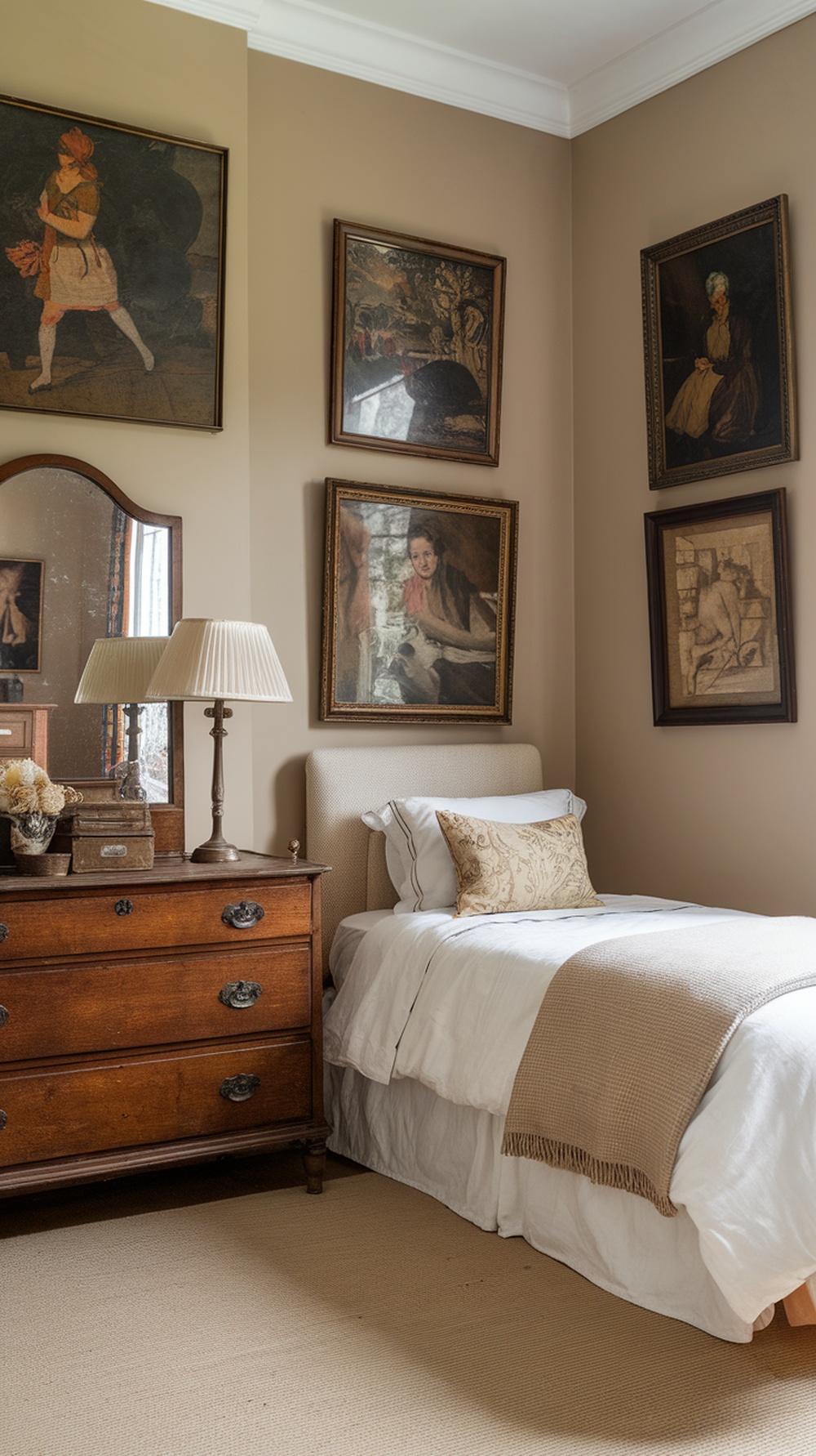 A vintage guest bedroom featuring a wooden bed, a tapestry on the wall, and warm lighting.