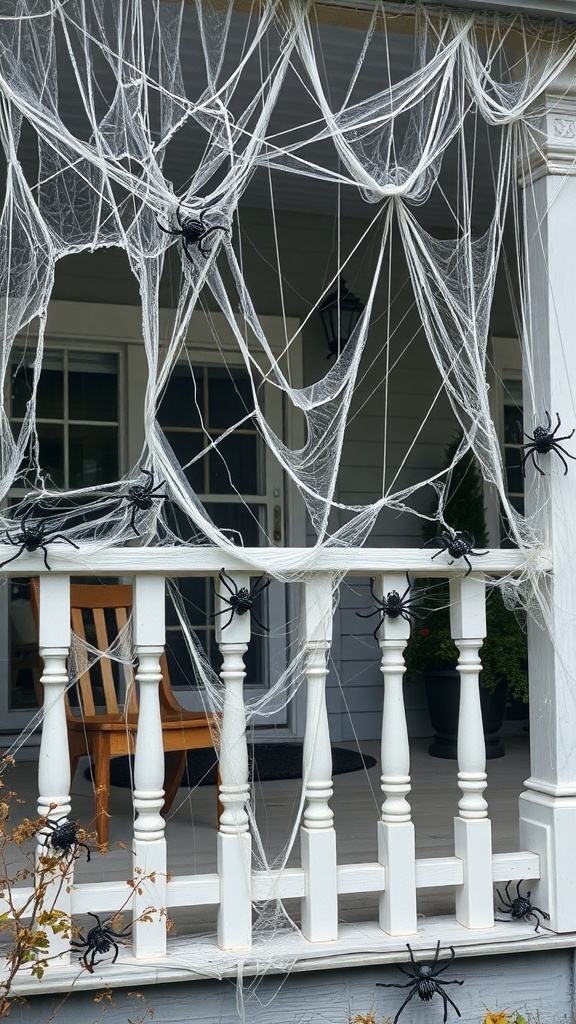 A porch decorated with white cobwebs and black plastic spiders.