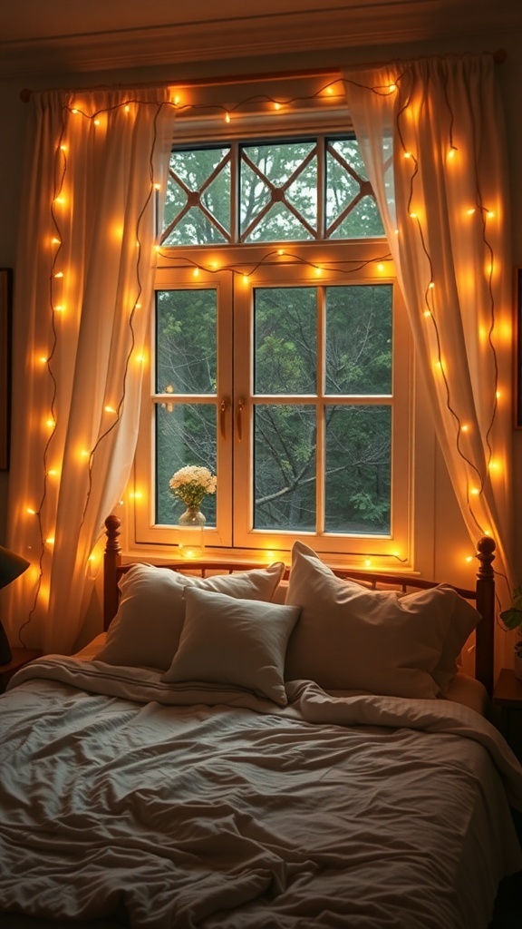 A cozy bedroom with warm fairy lights draped around a window, fluffy pillows on the bed, and a soft blanket.