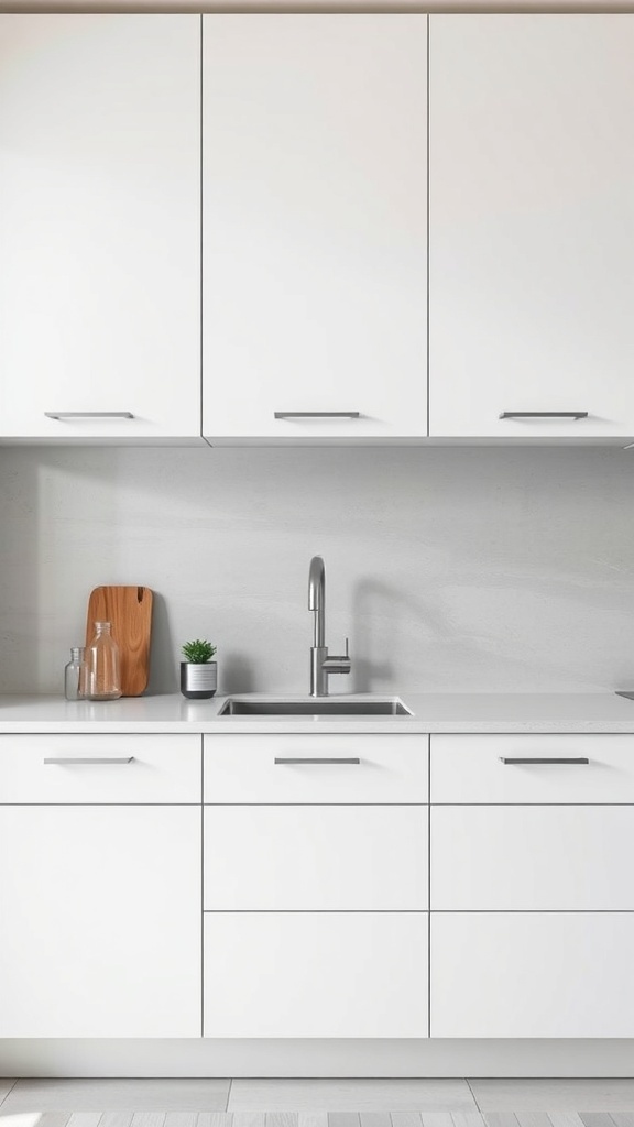 A modern kitchen featuring white cabinets and a minimalist concrete backsplash.