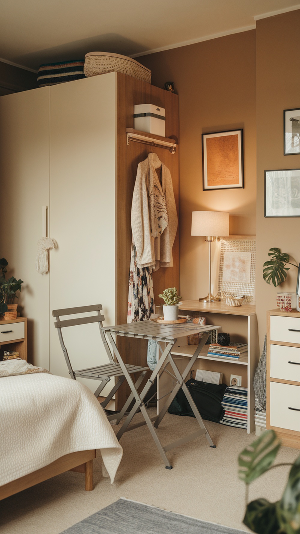 A small bedroom featuring foldable furniture, including a table and chair, with warm wall colors and cozy decor.