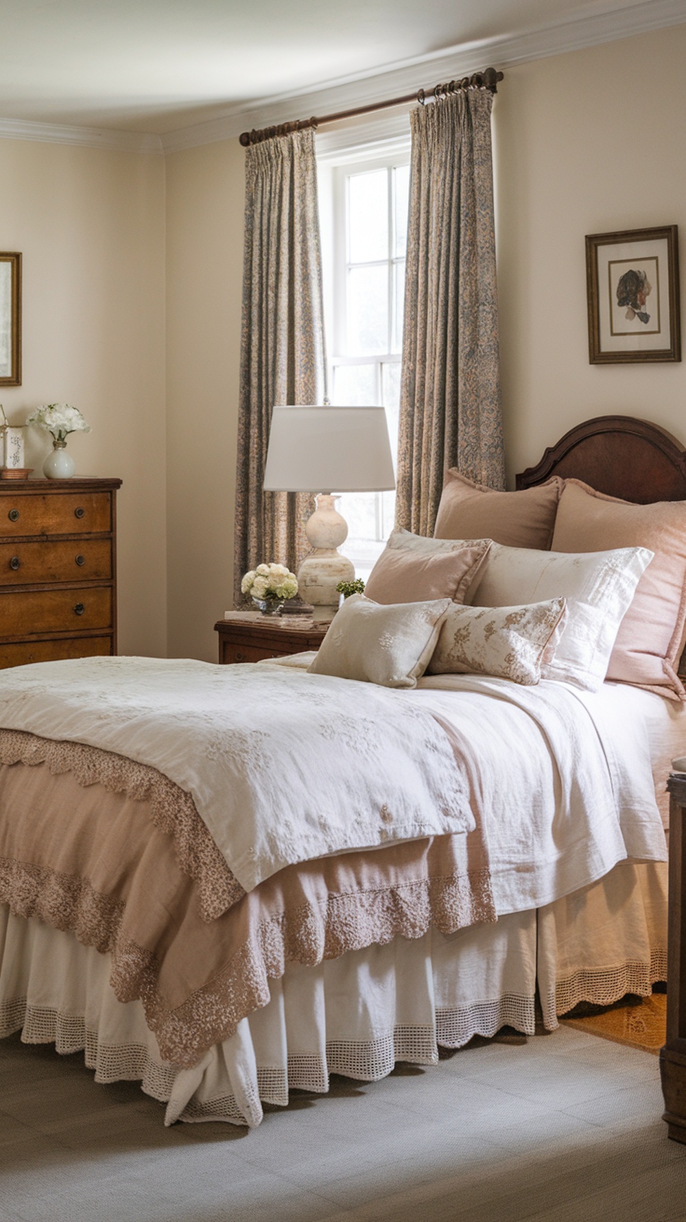 A vintage guest bedroom featuring lace and linen bedding with soft colors and layered textures.
