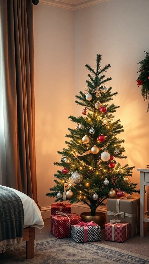 A cozy bedroom corner with a decorated Christmas tree and wrapped gifts underneath.