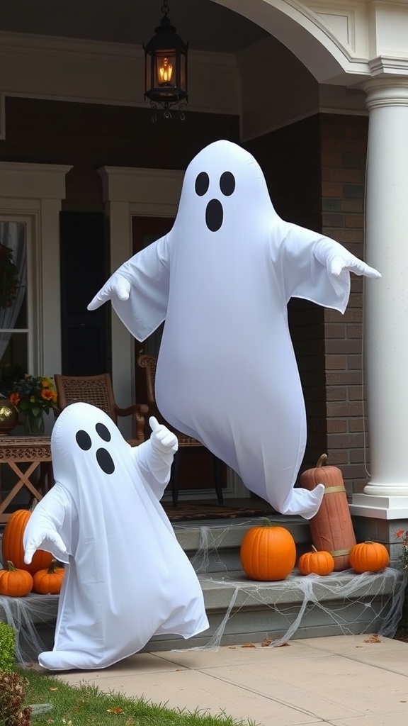 Two giant inflatable ghosts on a porch with pumpkins