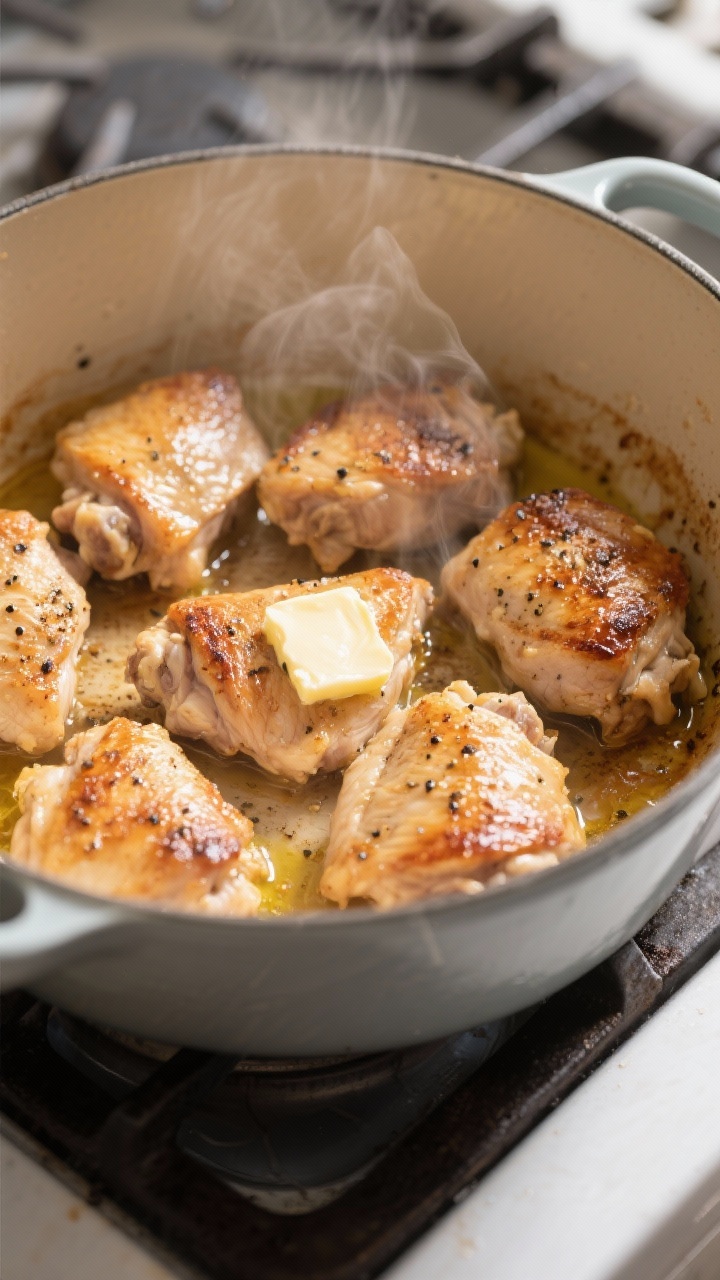 Cooking process, close-up: Searing bite-size chicken thighs in a Dutch oven until lightly golden, st