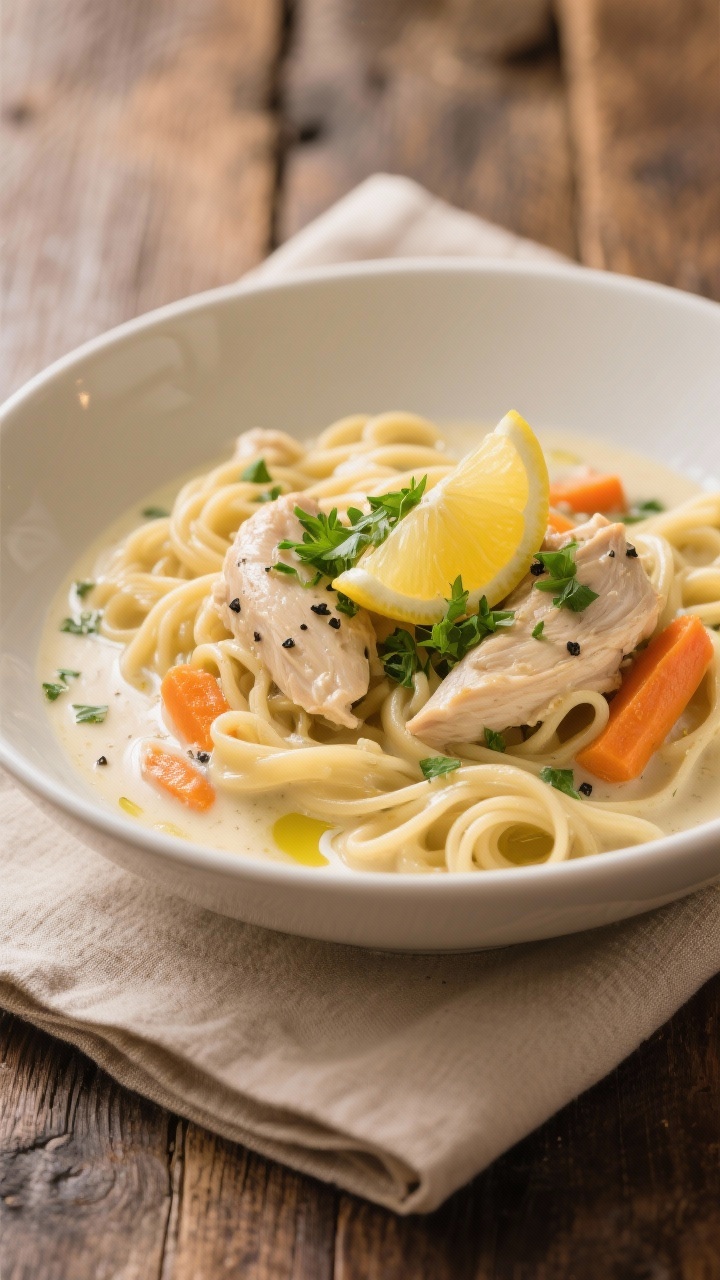 Final plated dish, beauty shot: Bowl of cream of chicken and noodles served thick and glossy, garnis
