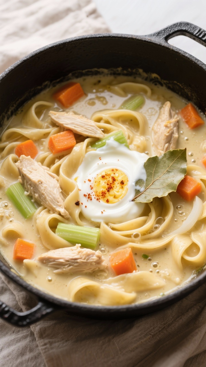 Tasty top view, overhead: One-pot creamy chicken and egg noodles at a lively simmer after the roux a