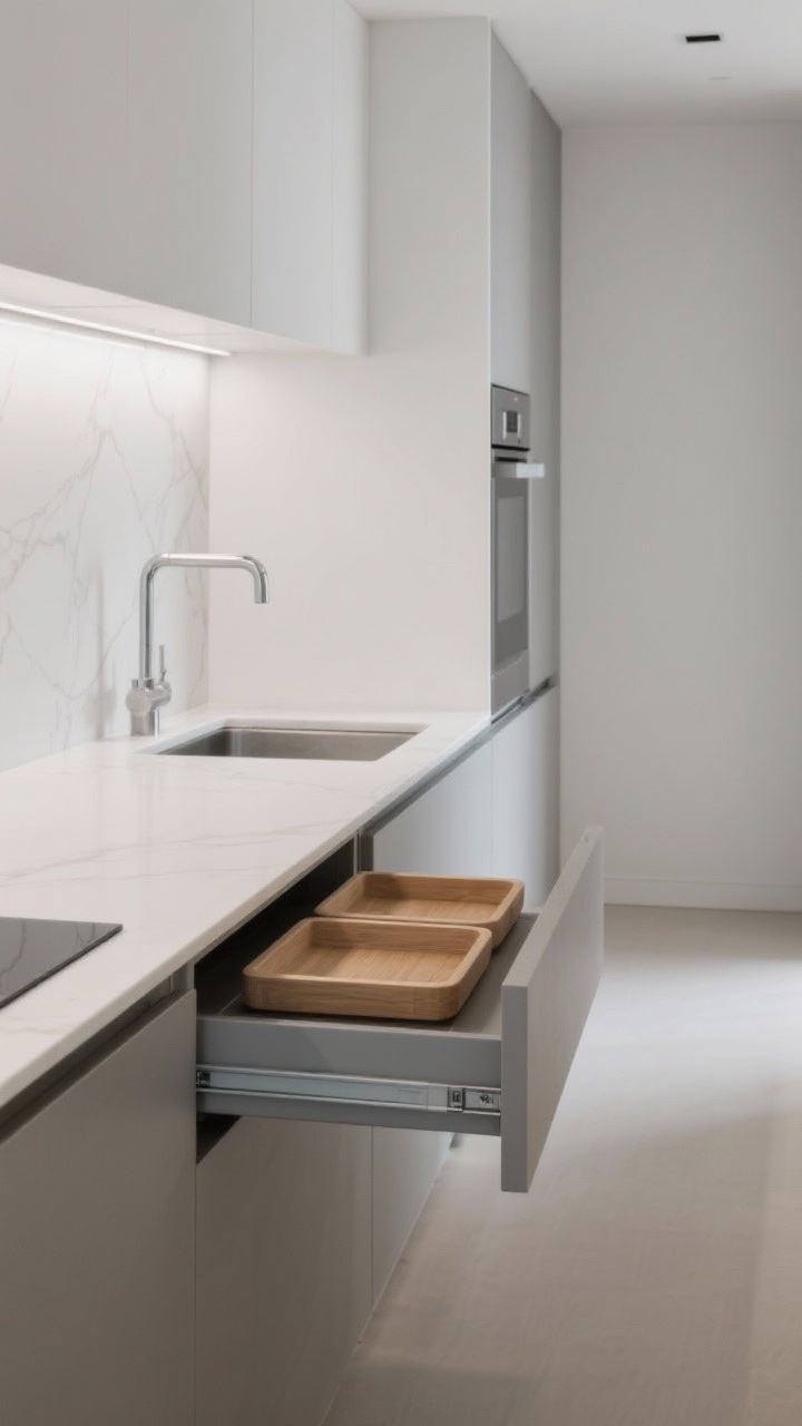 2 cm porcelain slab counter; toe-kick drawer slightly ajar revealing tray storage; bright, seamless, compact; eye-level perspective down the galley.