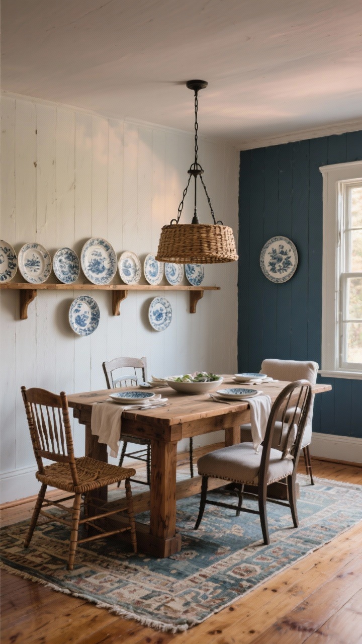 Angled dining room view: Cottage dining room with a solid plank-top farmhouse table surrounded by mix-and-match chairs—two Windsor styles, one woven-seat chair, and an upholstered end chair; overhead, a woven drum pendant (or iron chandelier); stoneware plates with linen napkins set casually; wall-mounted plate rail displaying vintage transferware; palette of warm wood, muddy blues, and ivory; bare wood floor with a faded kilim runner; soft evening glow, photorealistic.
