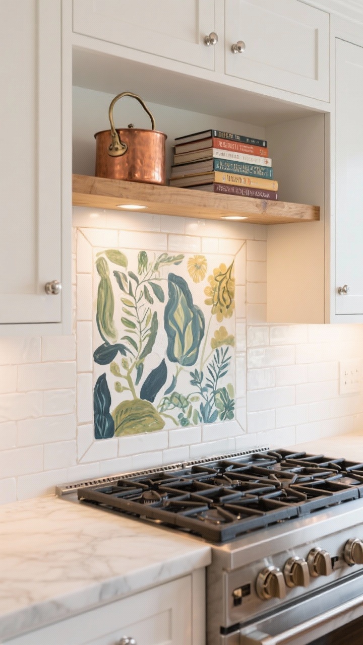 Artistic niche medium shot: a cooktop niche painted with a hand-painted botanical or abstract mural, sealed and framed by thin white pencil trim tiles for a gallery feel, surrounding white shaker cabinetry, brushed nickel pulls, a simple oak shelf above holding a single copper pot and a stack of well-loved cookbooks; focused, warm task lighting.