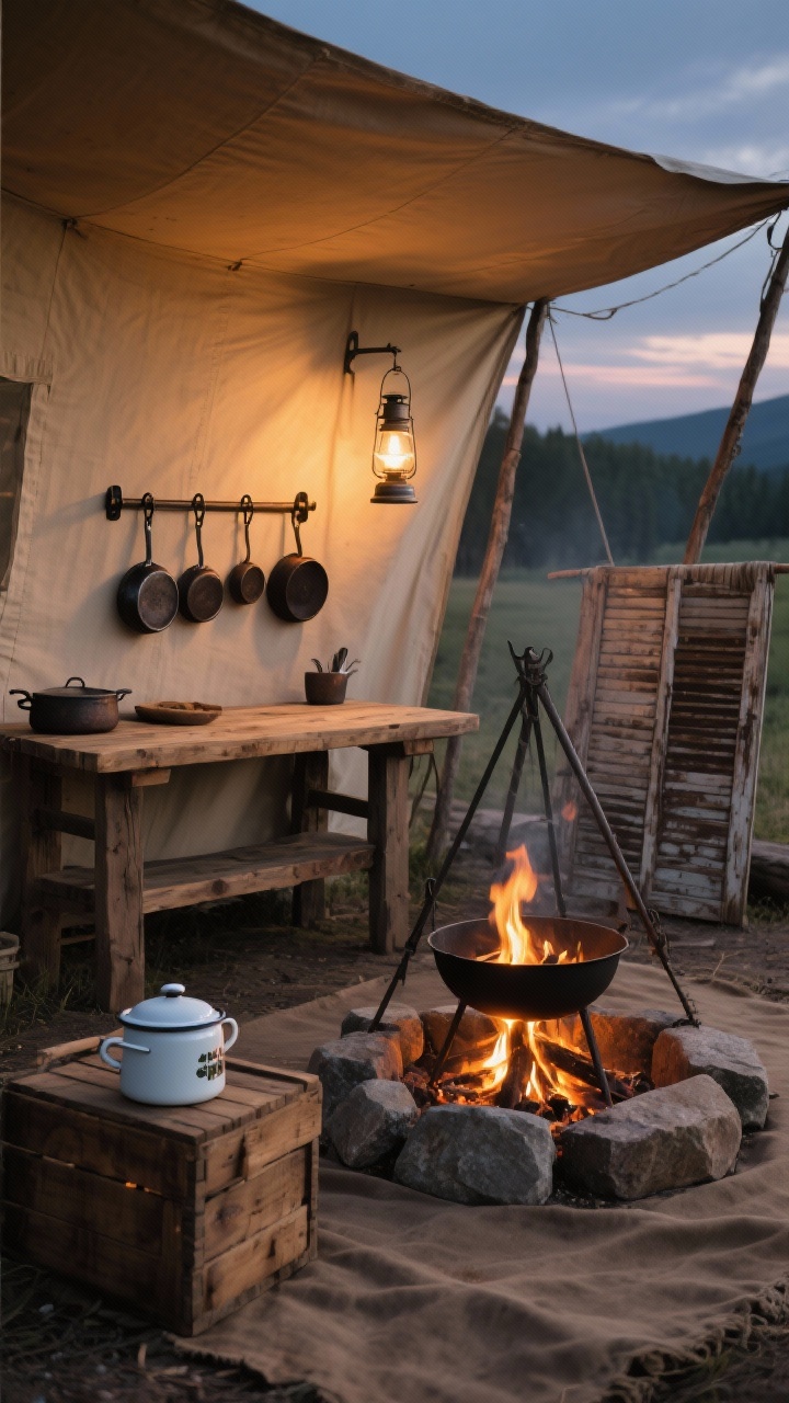 Atmospheric twilight detail shot of a pioneer-style camp kitchen: tripod grill over a stone-lined fire ring; simple plank prep table with iron brackets; peg rack holding cast-iron pans; wooden crate with enamelware; canvas ground cloth and a salvaged shutter windbreak; canvas tarp awning overhead; lantern-lit glow emphasizing rugged, functional textures; closeup with firelight highlights.